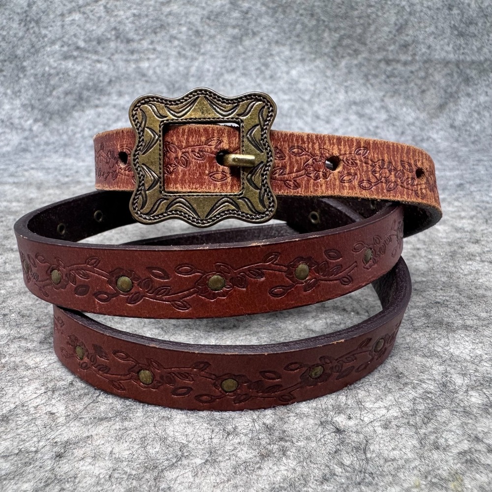 Vtg Handmade Leather Belt Womens Medium Tooled Brown Studded India Brass Thin